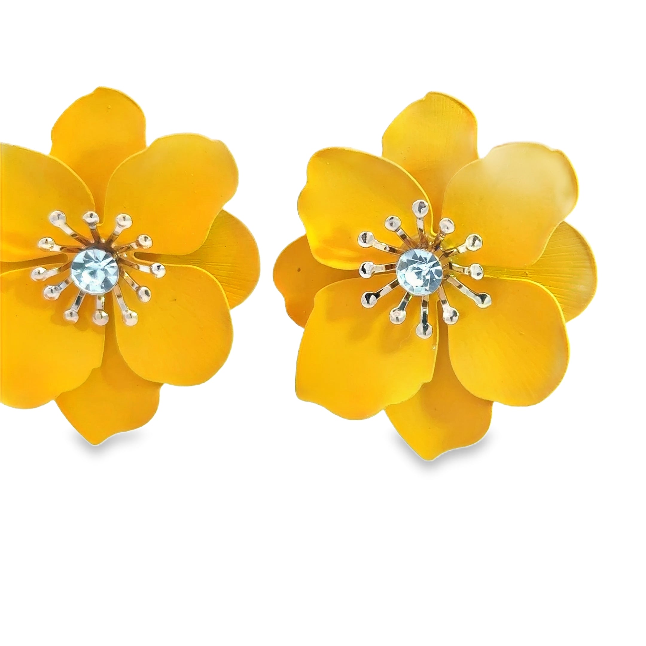 Yellow Gold Floral Stud Earrings with Round Cut Diamonds