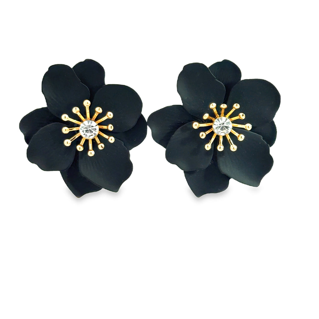 Black Floral Stud Earrings with Crystal Accents