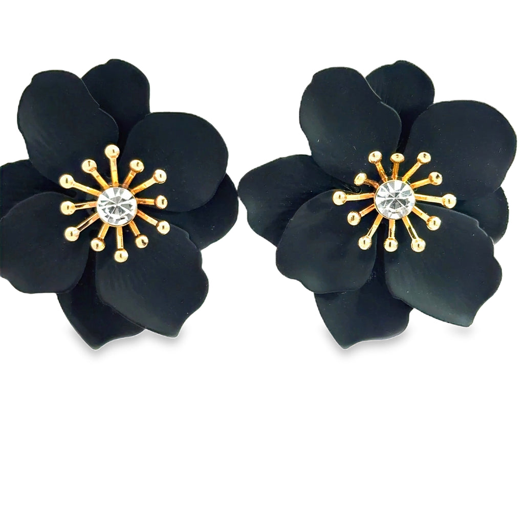 Black Floral Stud Earrings with Crystal Accents