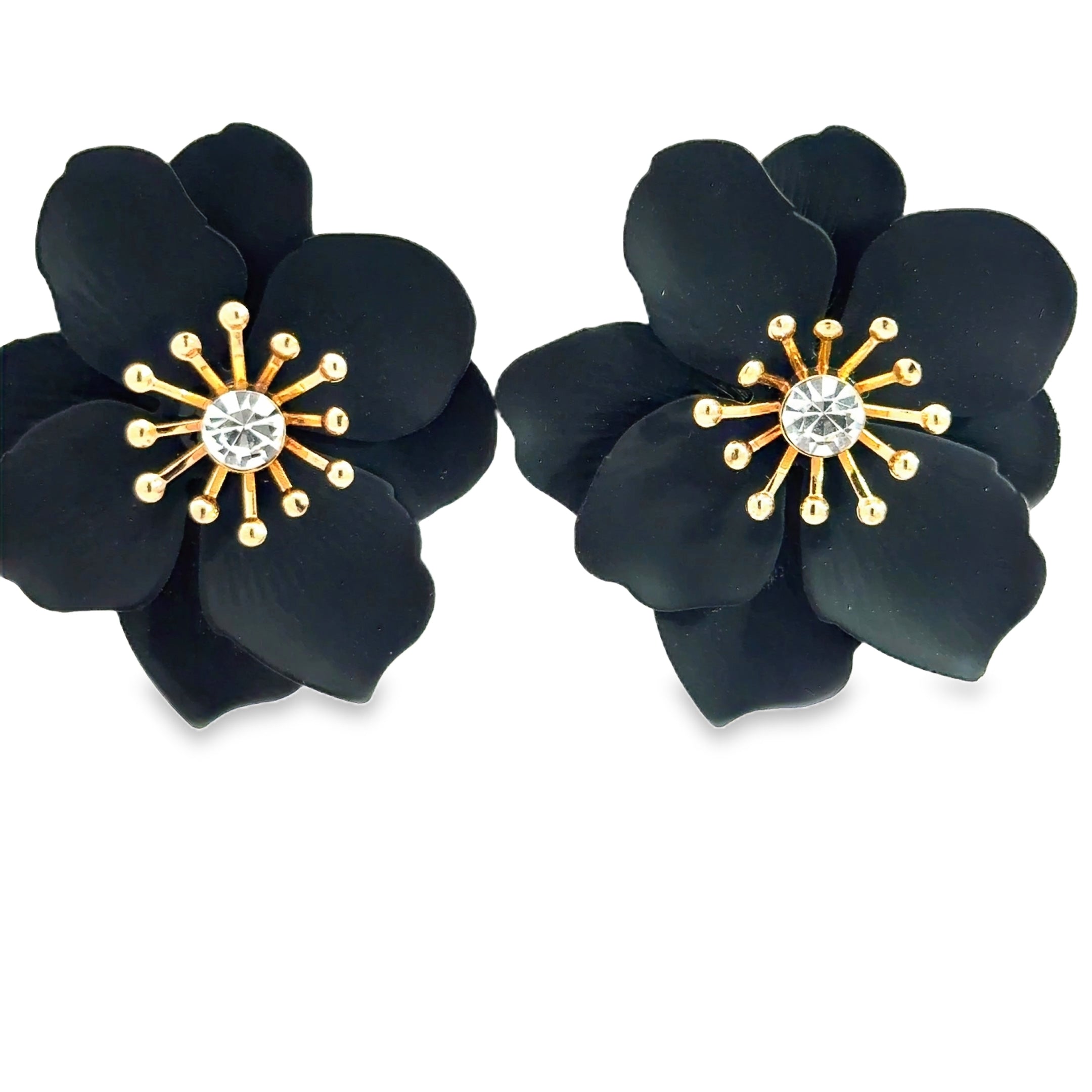 Black Floral Stud Earrings with Crystal Accents