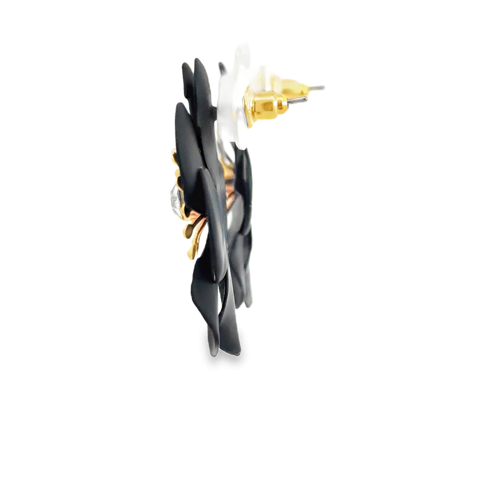 Black Floral Stud Earrings with Crystal Accents