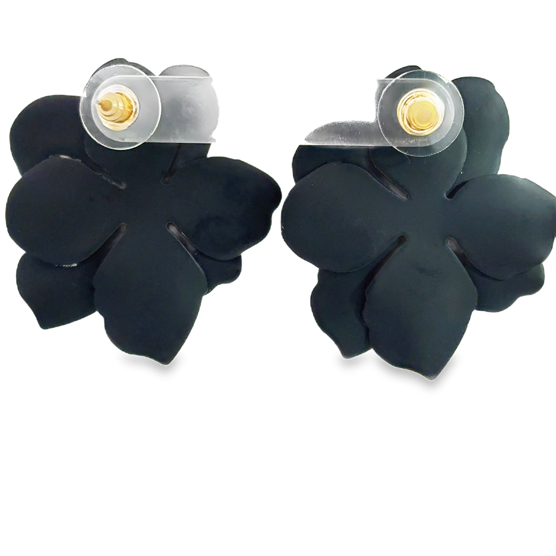 Black Floral Stud Earrings with Crystal Accents