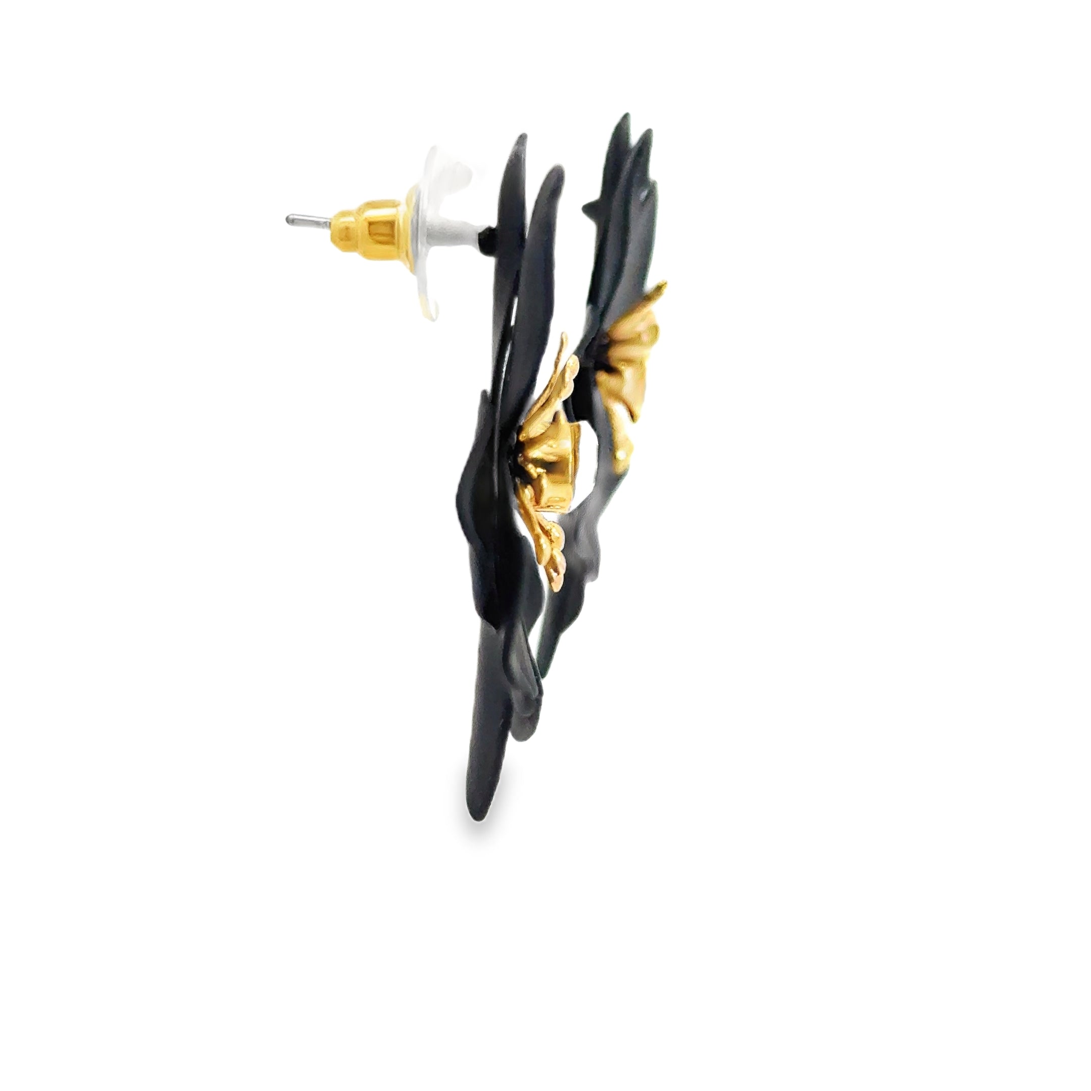 Black Floral Stud Earrings with Crystal Accents
