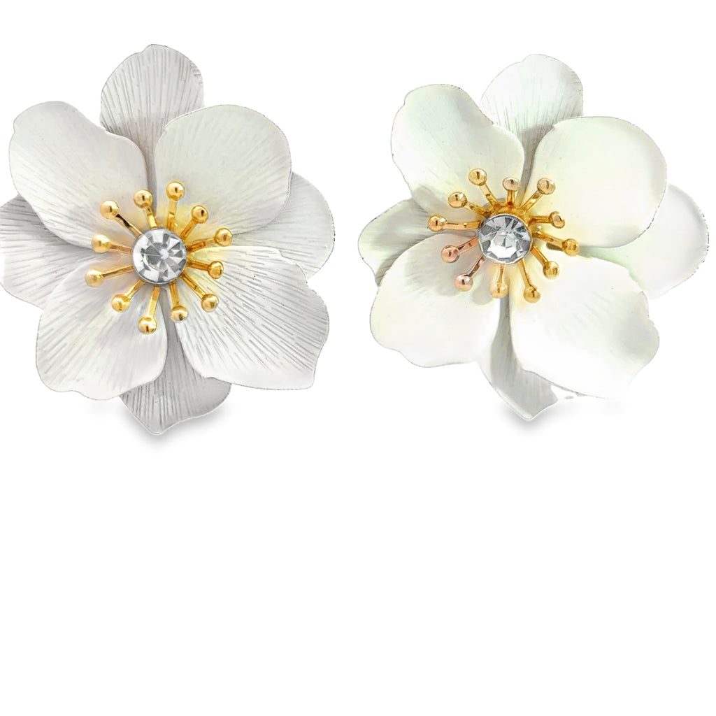 Floral Stud Earrings with Round Cut Diamonds in Yellow Gold Tone