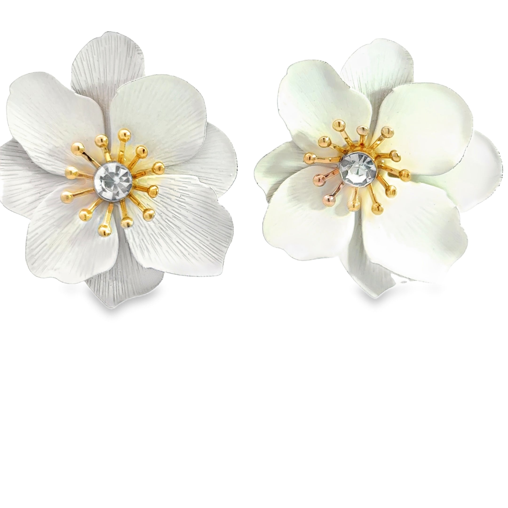 Floral Stud Earrings with Round Cut Diamonds in Yellow Gold Tone