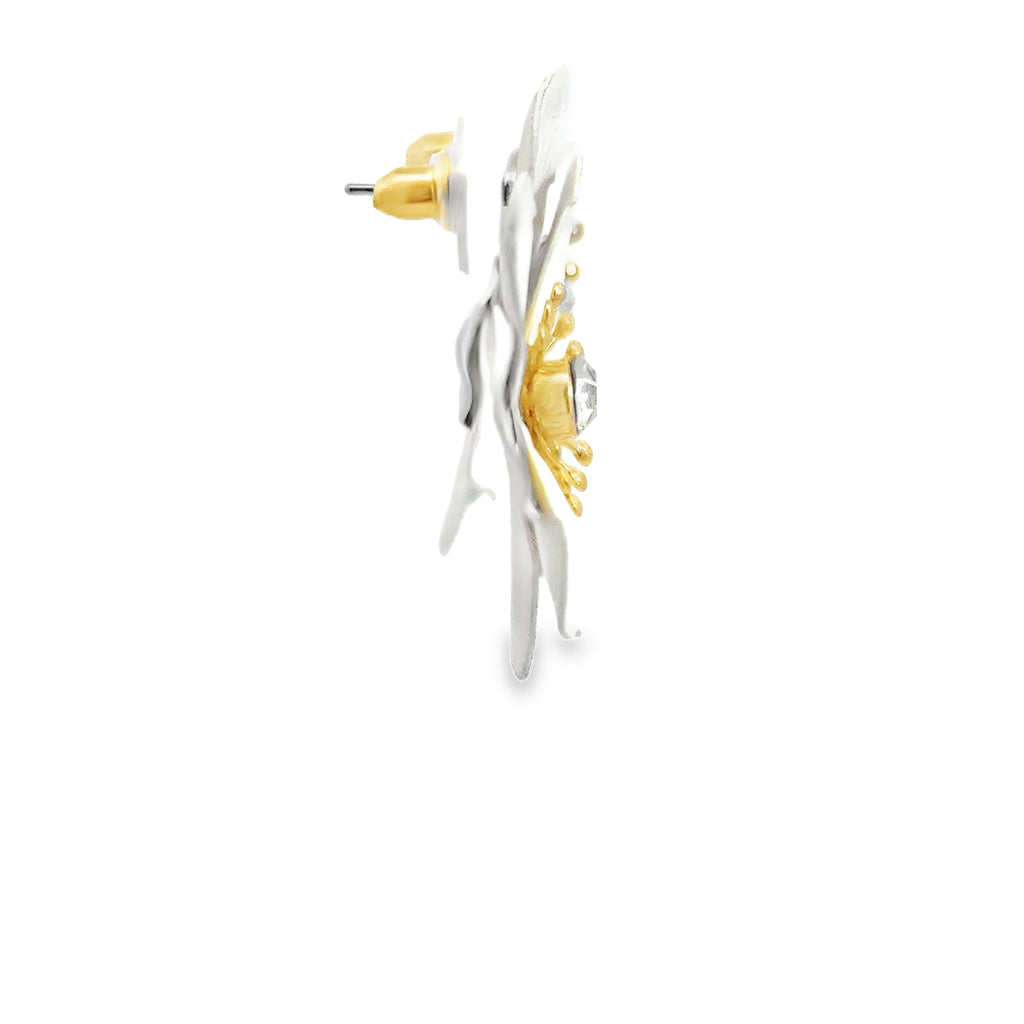 Floral Stud Earrings with Round Cut Diamonds in Yellow Gold Tone