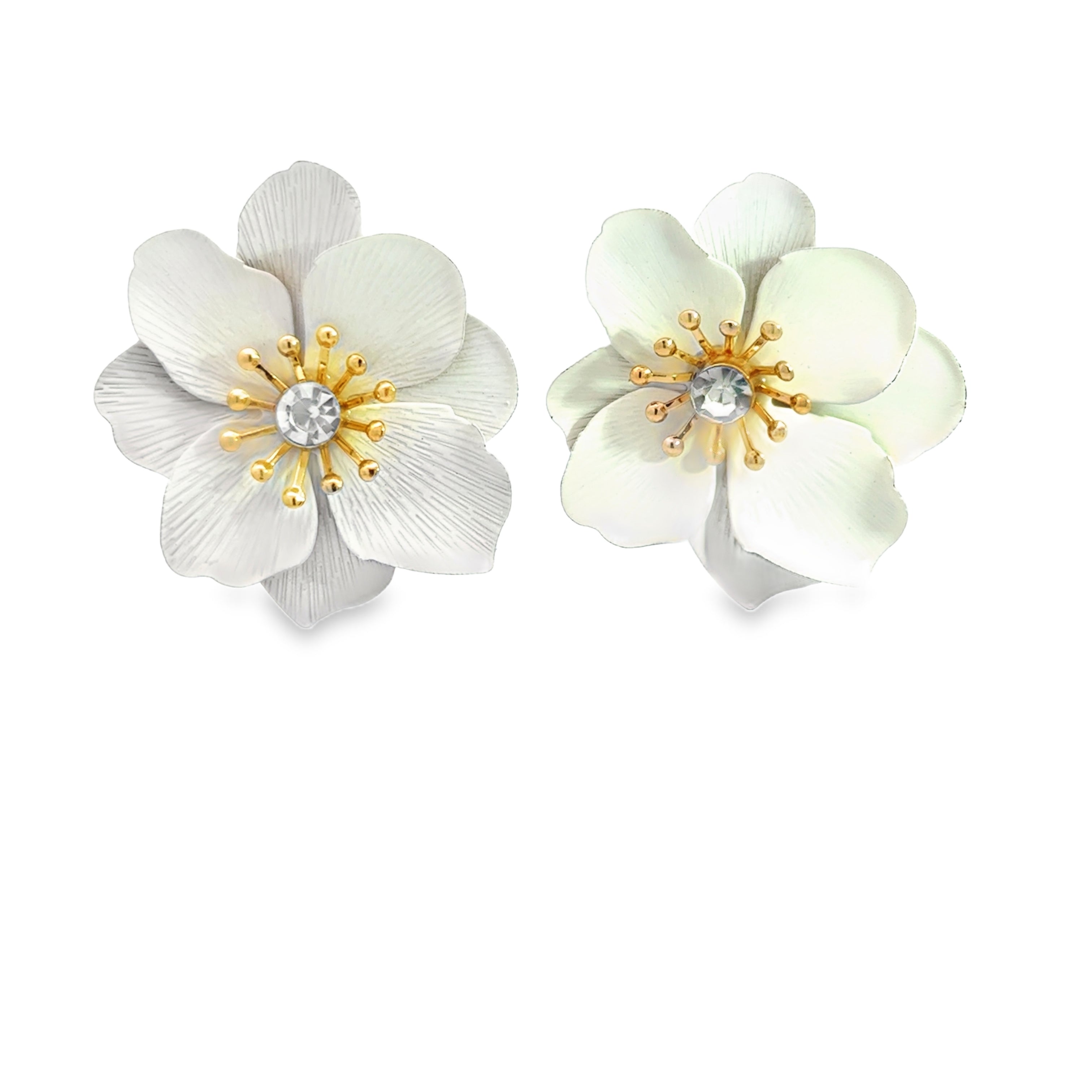 Floral Stud Earrings with Round Cut Diamonds in Yellow Gold Tone