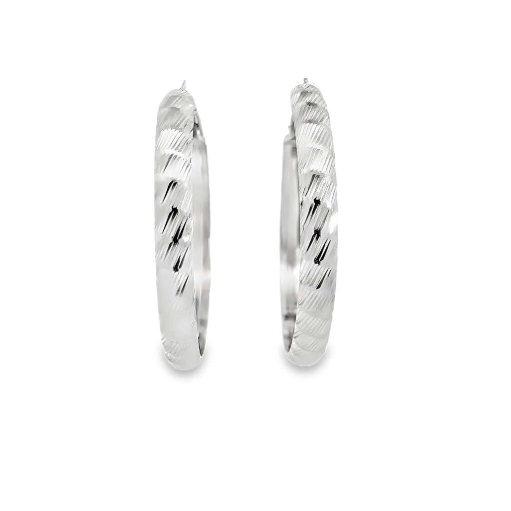 Textured Silver Hoop Earrings in White Gold Finish