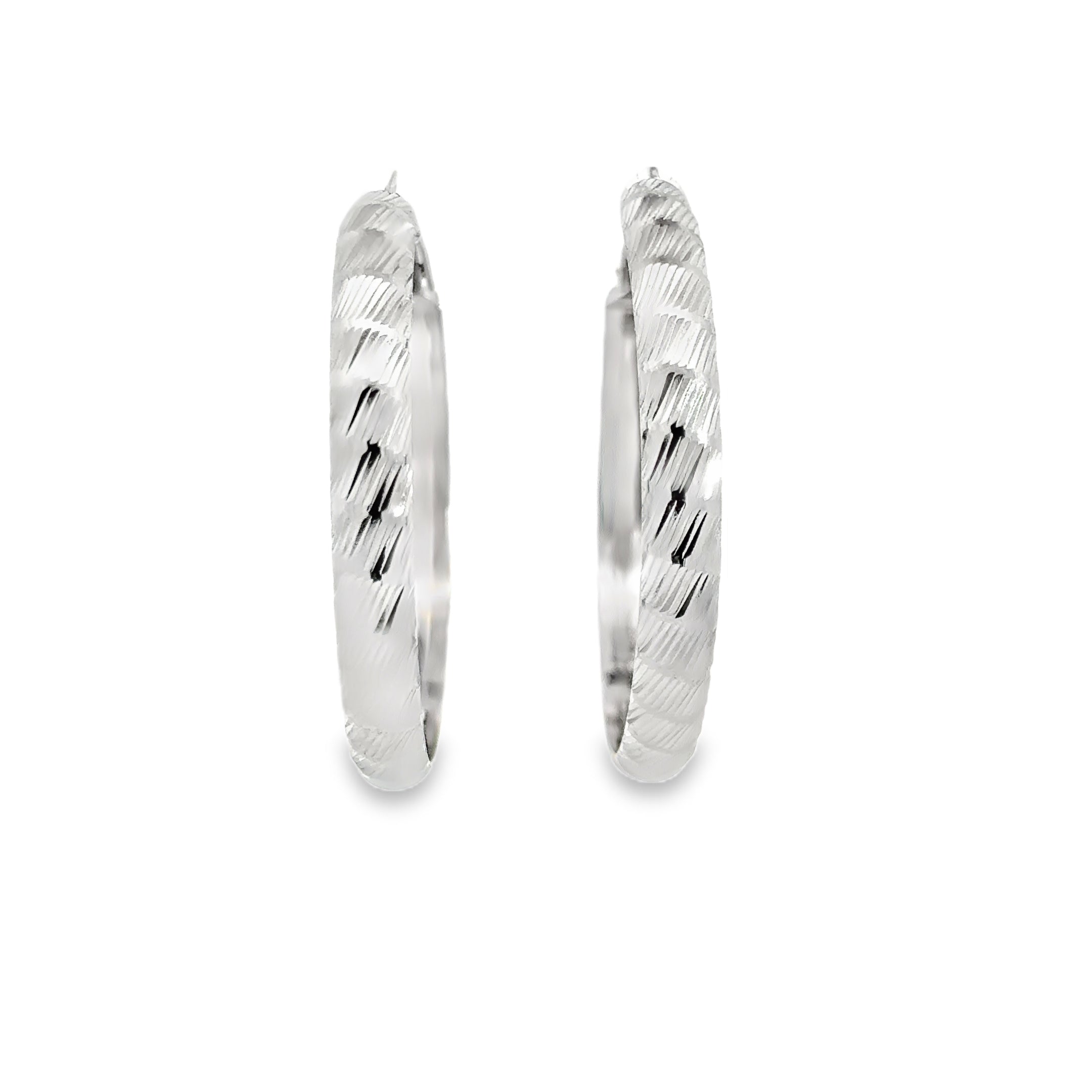 Textured Silver Hoop Earrings in White Gold Finish
