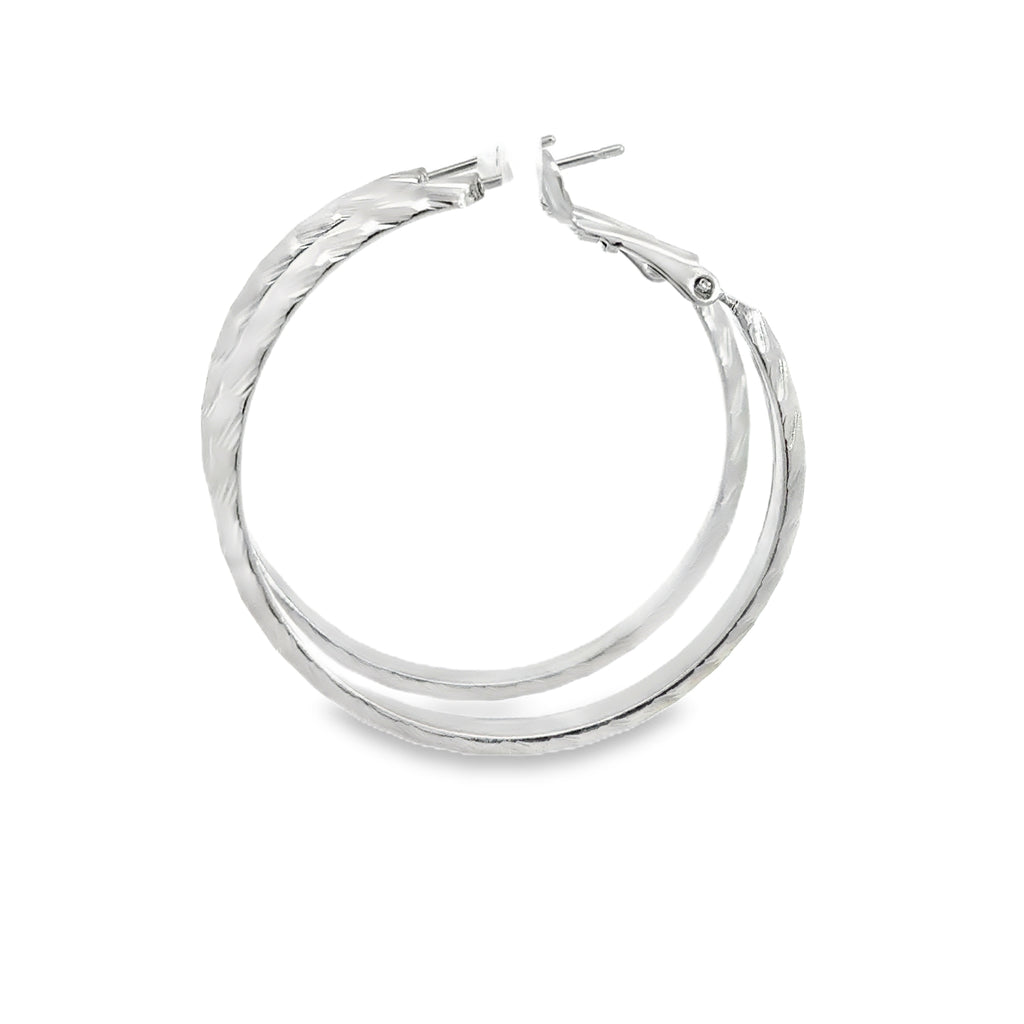 Textured Silver Hoop Earrings in White Gold Finish