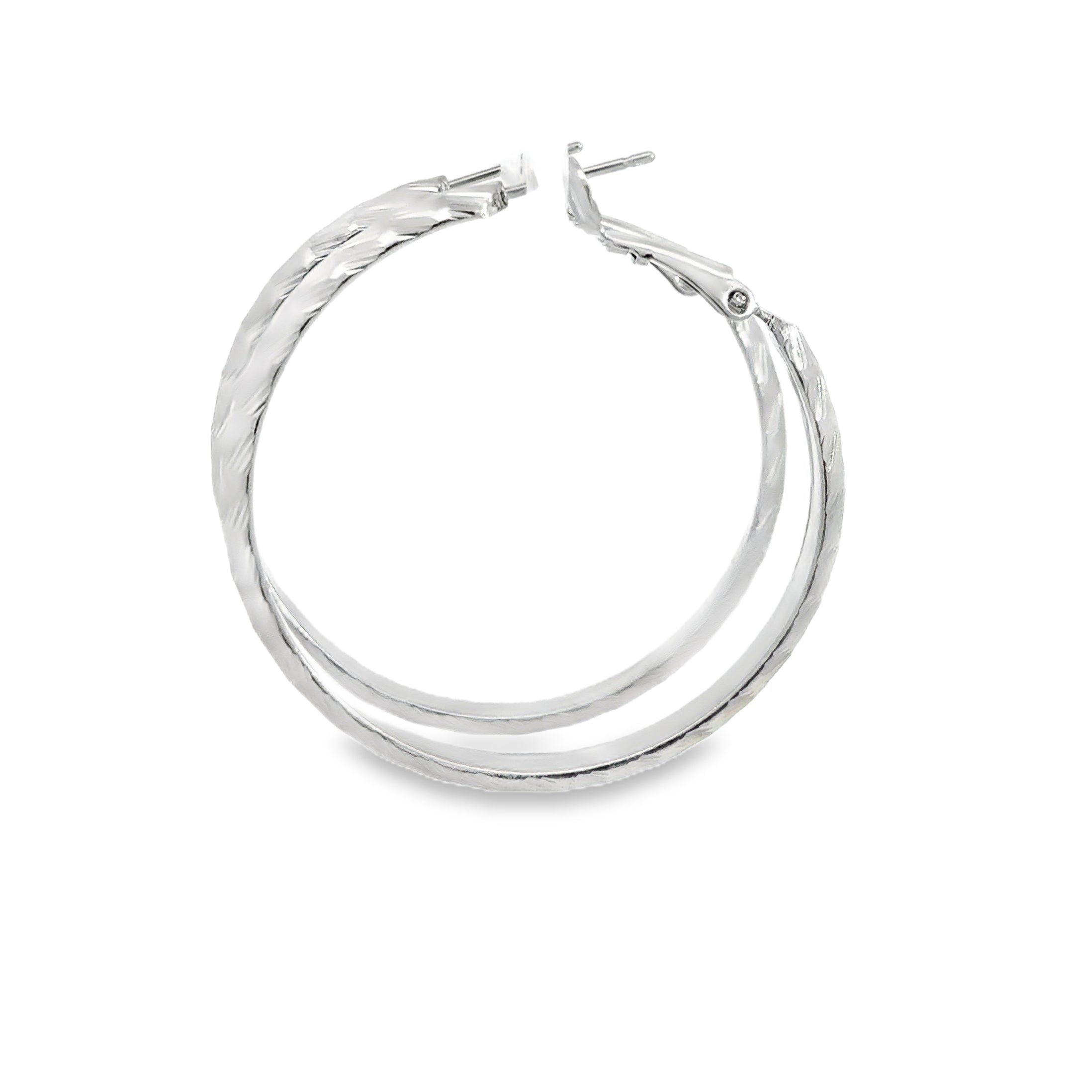 Textured Silver Hoop Earrings in White Gold Finish