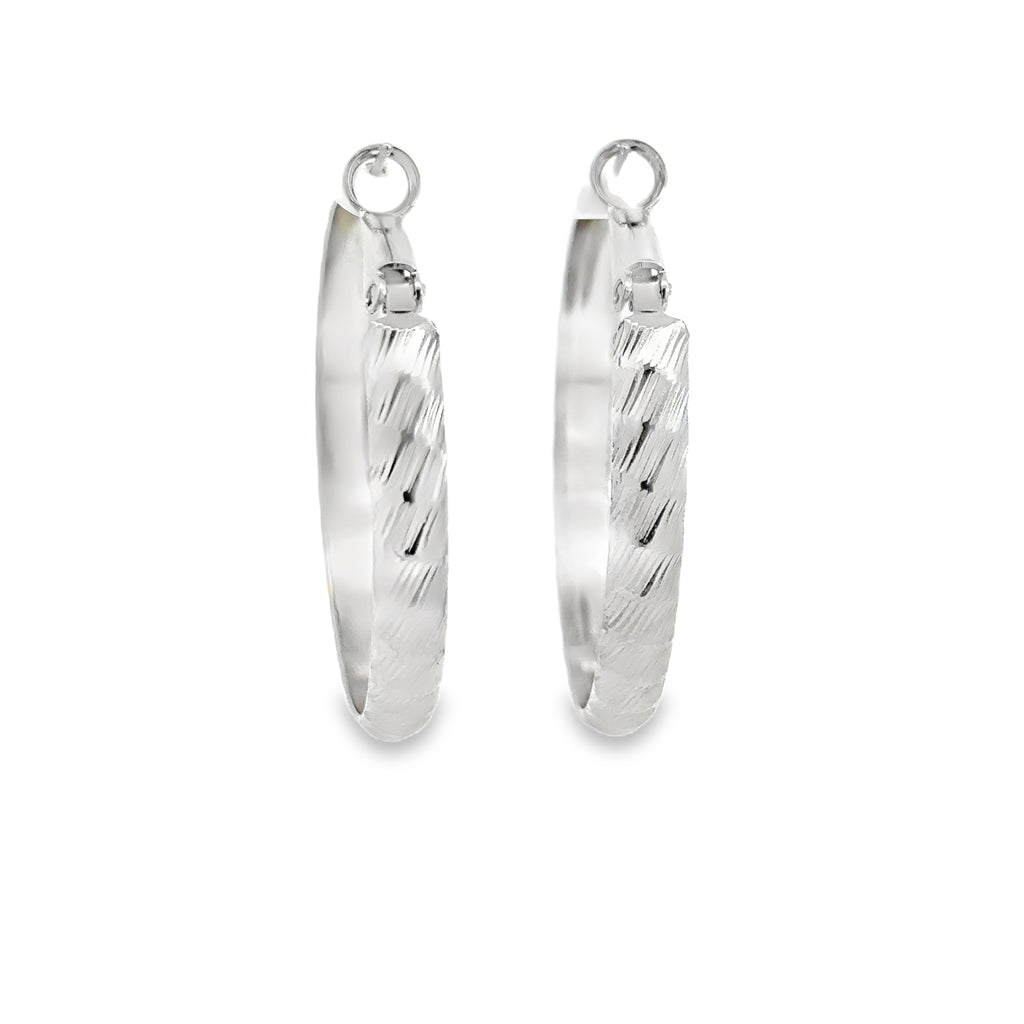 Textured Silver Hoop Earrings in White Gold Finish