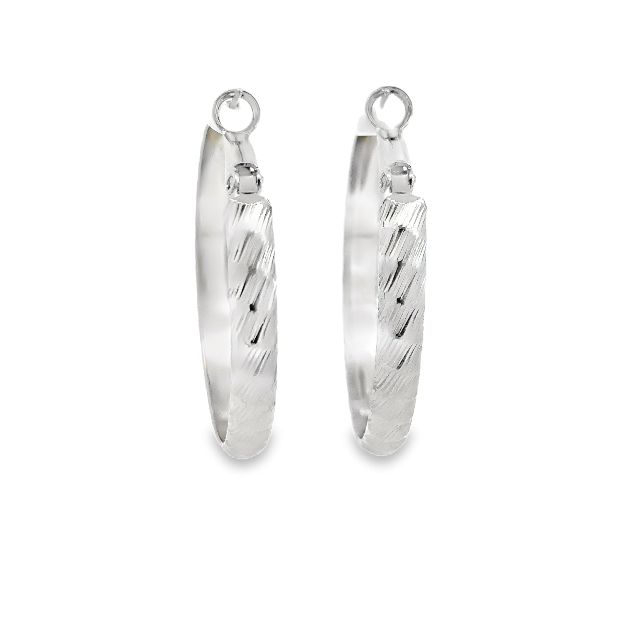 Textured Silver Hoop Earrings in White Gold Finish