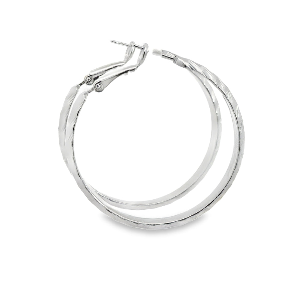 Textured Silver Hoop Earrings in White Gold Finish