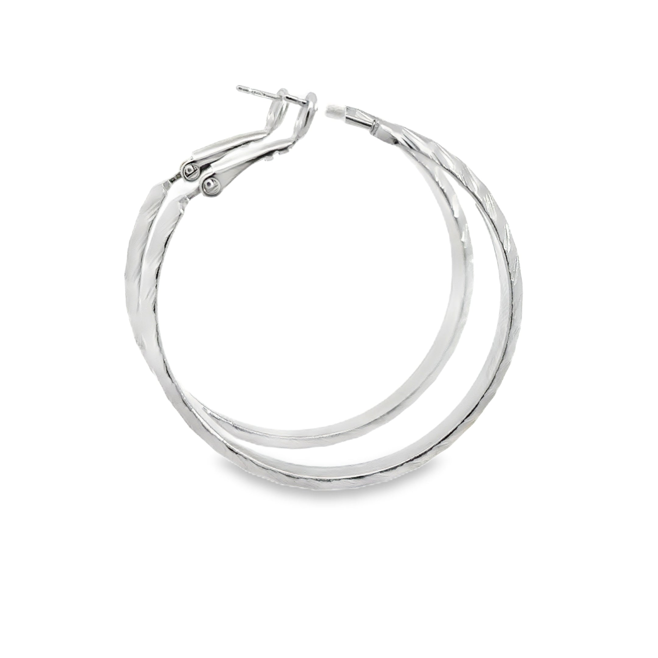 Textured Silver Hoop Earrings in White Gold Finish