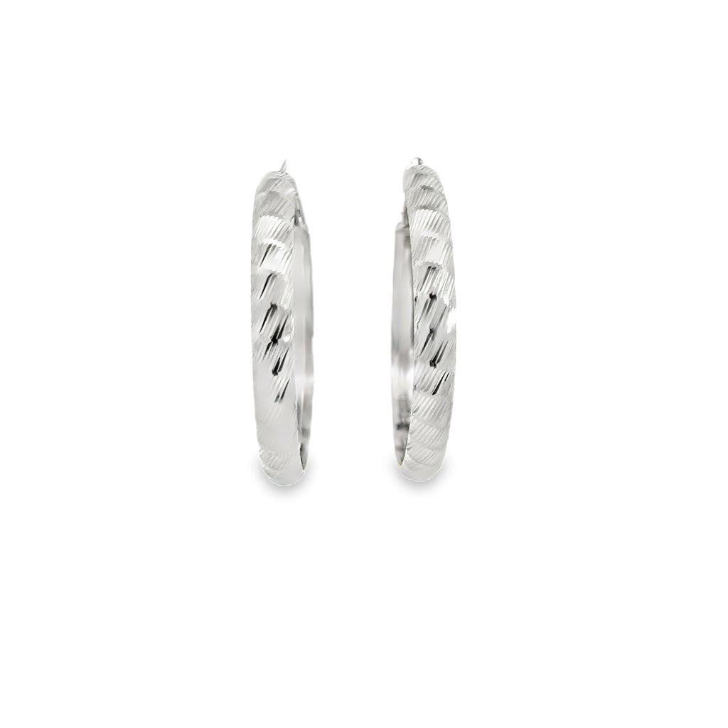 Textured Silver Hoop Earrings in White Gold Finish