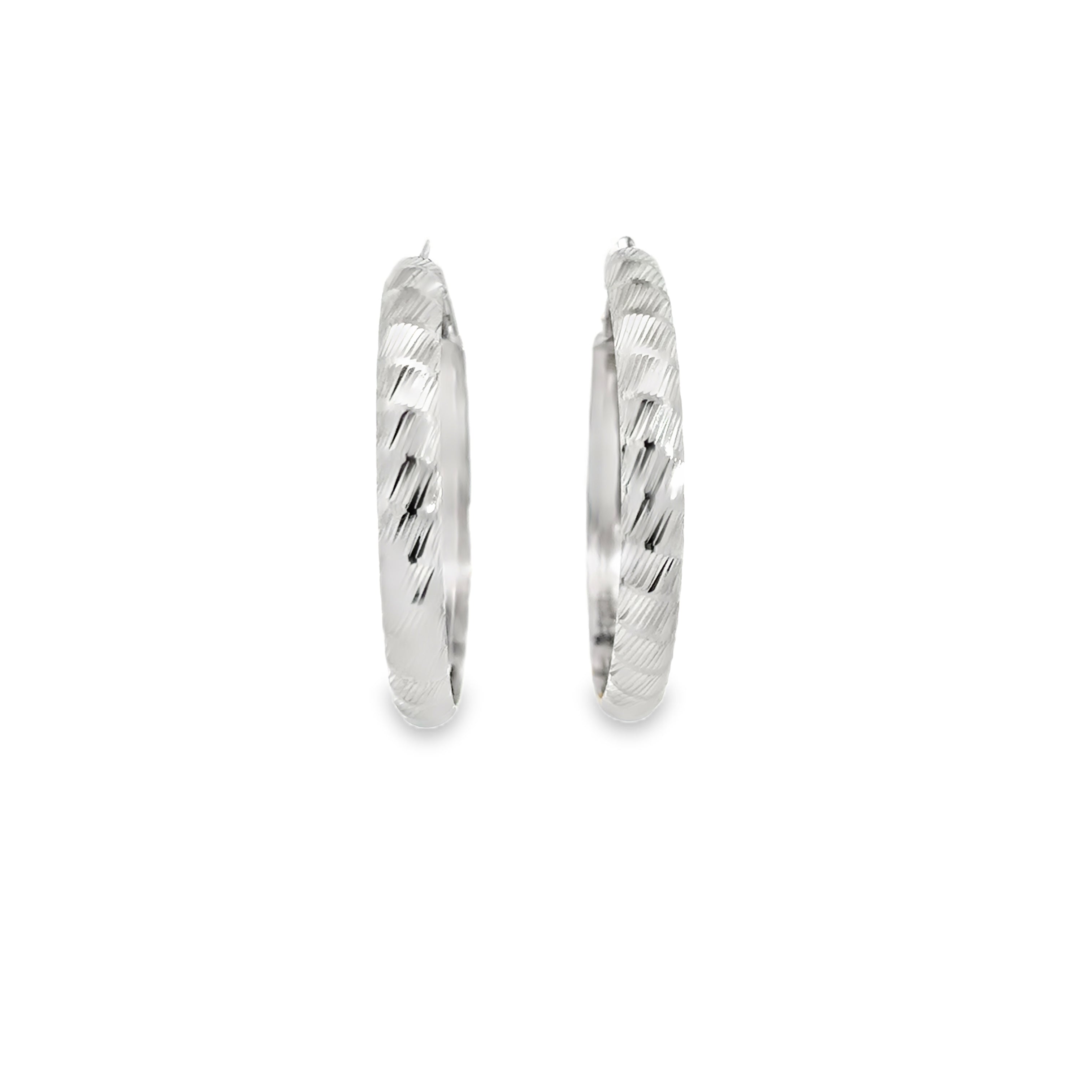 Textured Silver Hoop Earrings in White Gold Finish