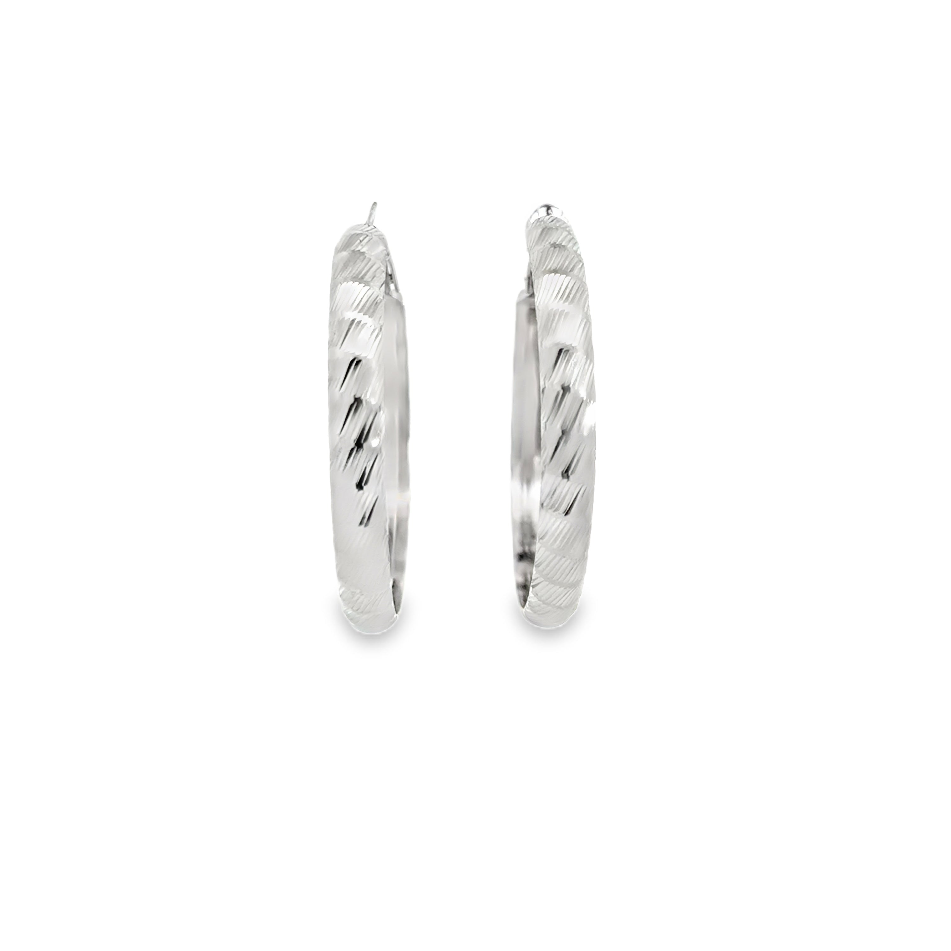 Textured Silver Hoop Earrings in White Gold Finish