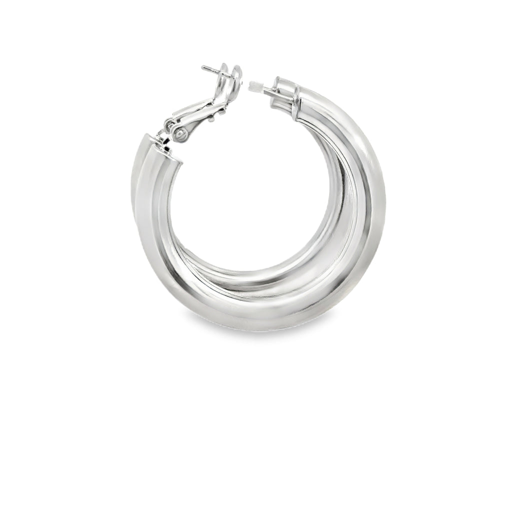 Classic Polished Silver Hoop Earrings with White Gold Finish
