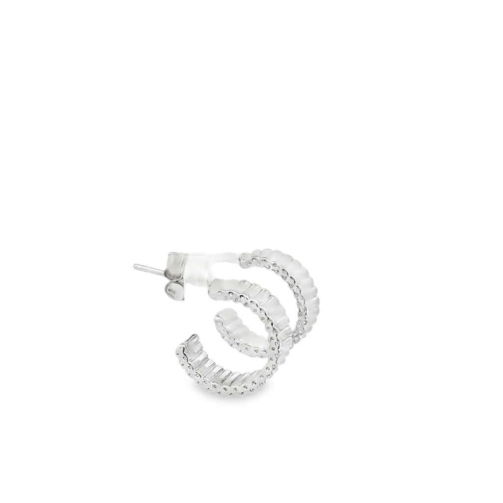 White Gold Plated Silver Textured Hoop Earrings