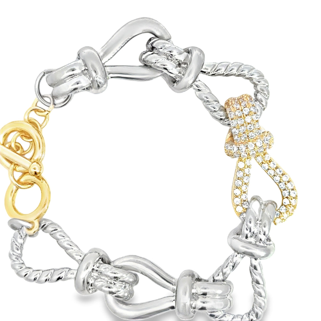 Silver Chain Bracelet with Round Cut Diamond Knot Accents in Yellow Gold
