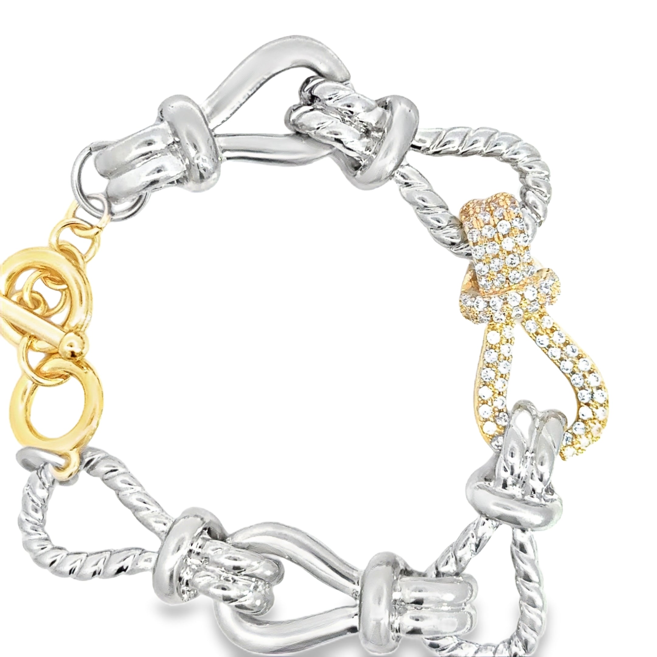 Silver Chain Bracelet with Round Cut Diamond Knot Accents in Yellow Gold