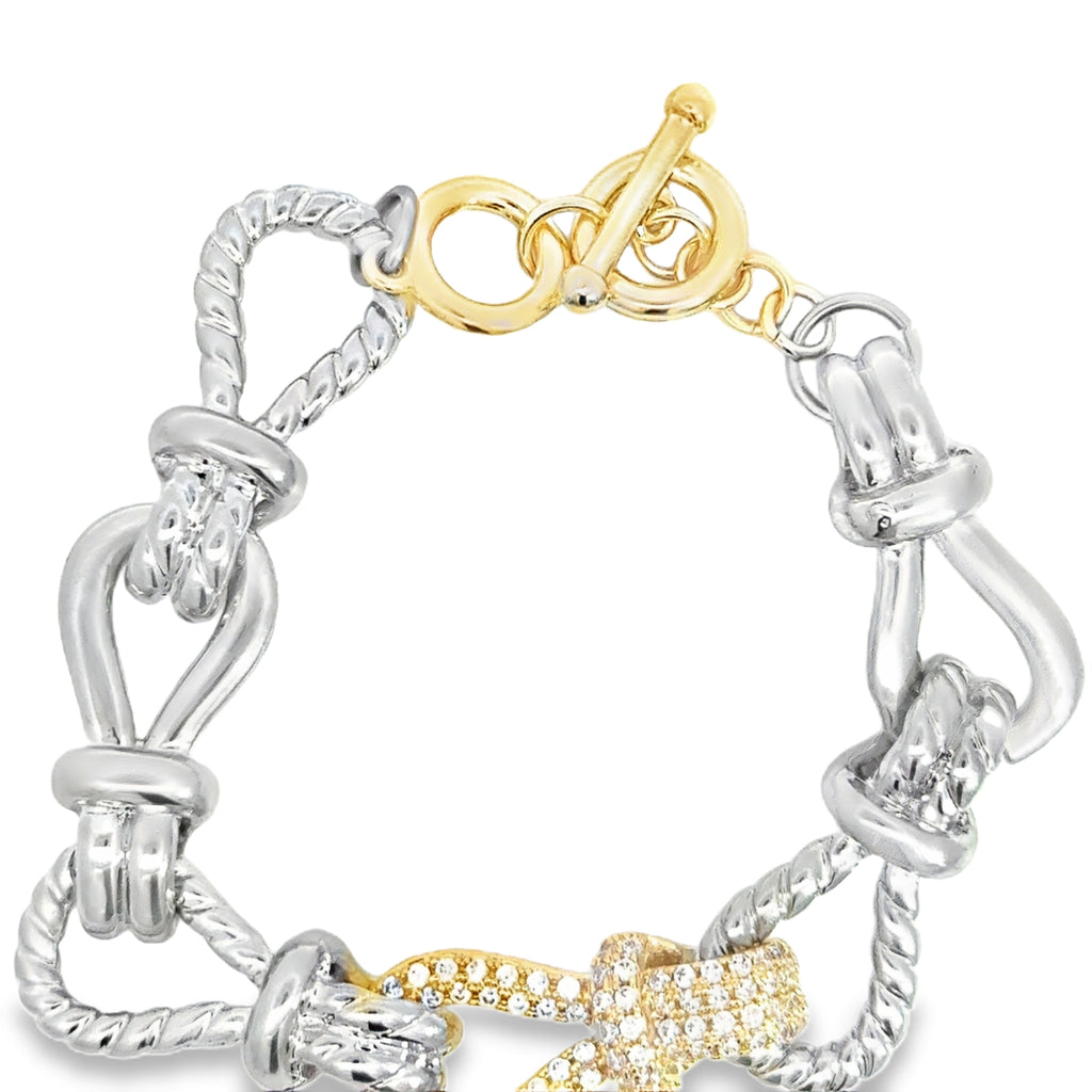 Silver Chain Bracelet with Round Cut Diamond Knot Accents in Yellow Gold