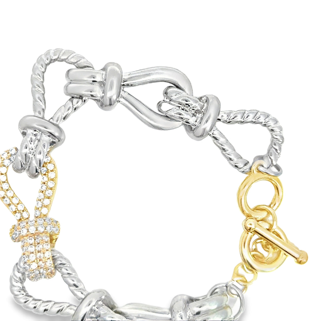 Silver Chain Bracelet with Round Cut Diamond Knot Accents in Yellow Gold