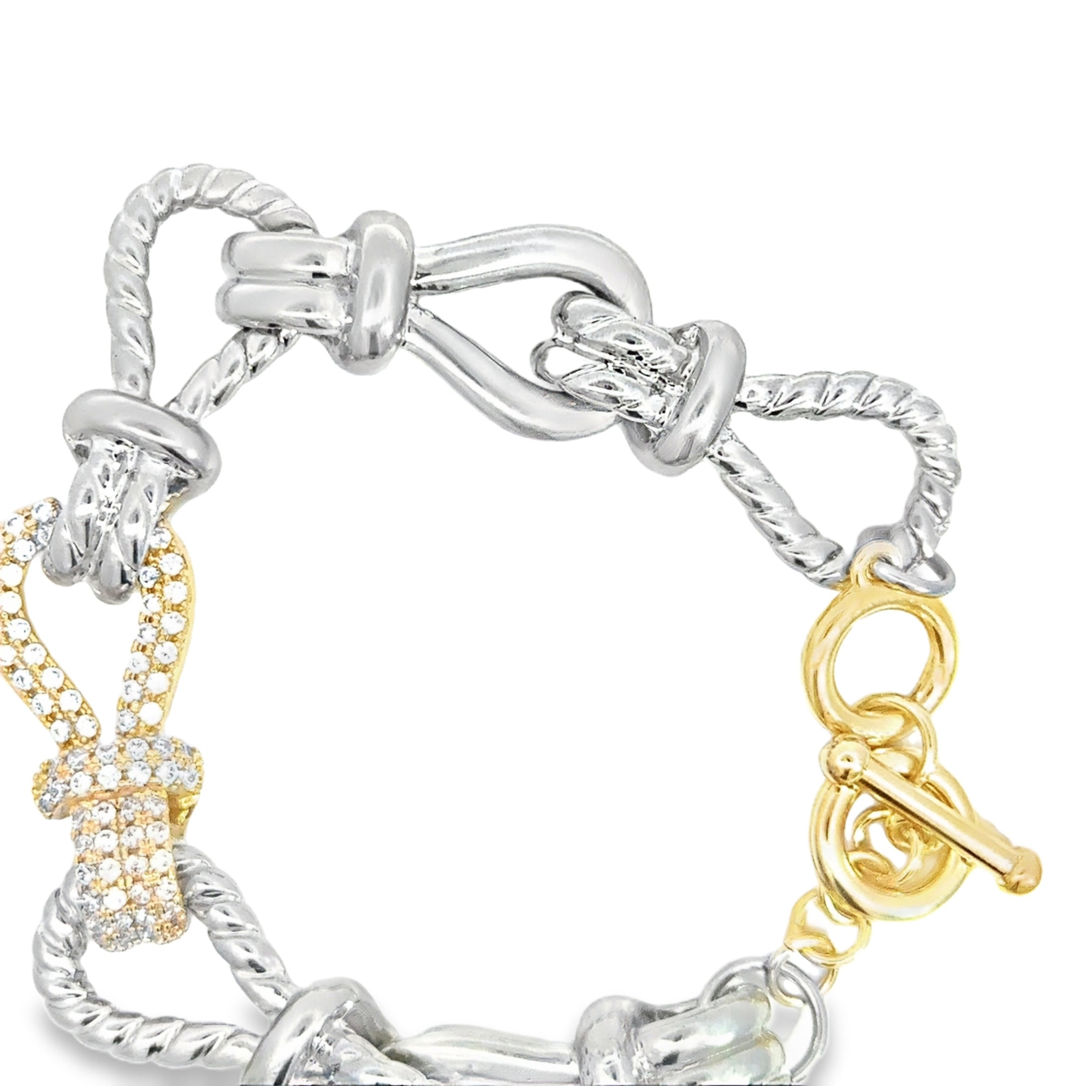Silver Chain Bracelet with Round Cut Diamond Knot Accents in Yellow Gold