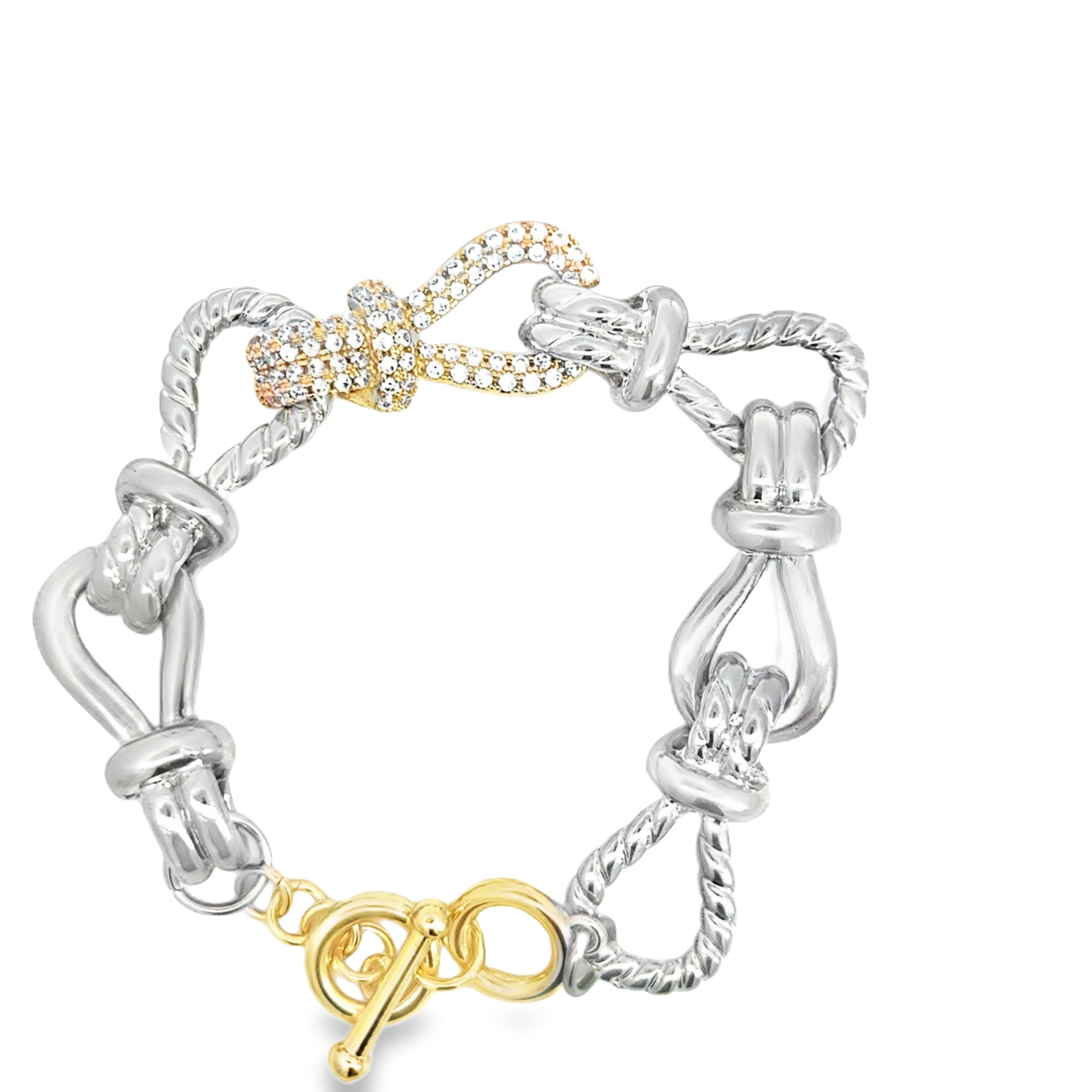 Silver Chain Bracelet with Round Cut Diamond Knot Accents in Yellow Gold