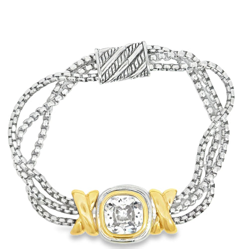 Cushion Cut Crystal Chain Bracelet in Silver and Yellow Gold