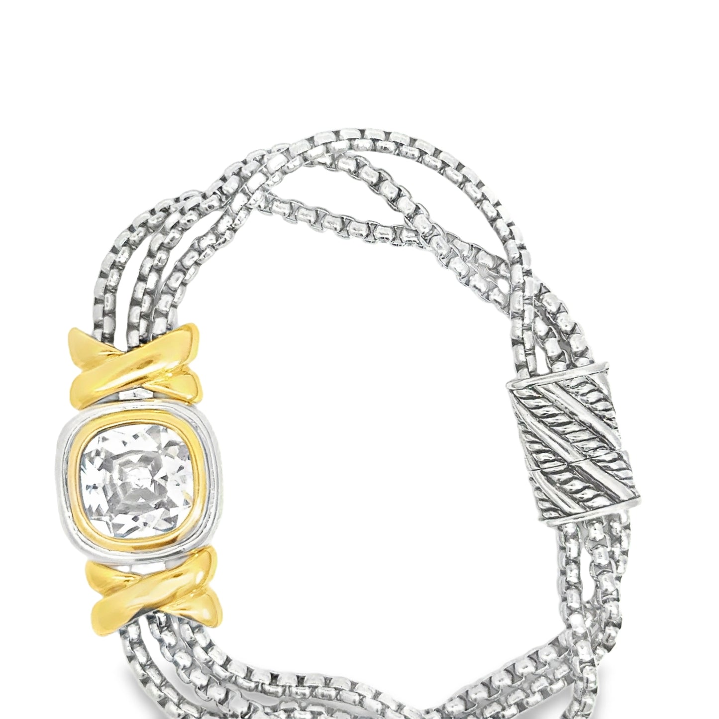 Cushion Cut Crystal Chain Bracelet in Silver and Yellow Gold