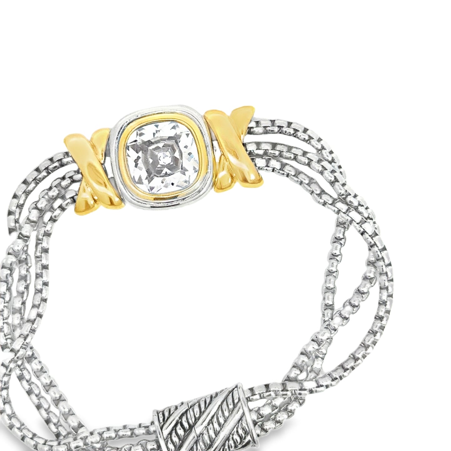 Cushion Cut Crystal Chain Bracelet in Silver and Yellow Gold