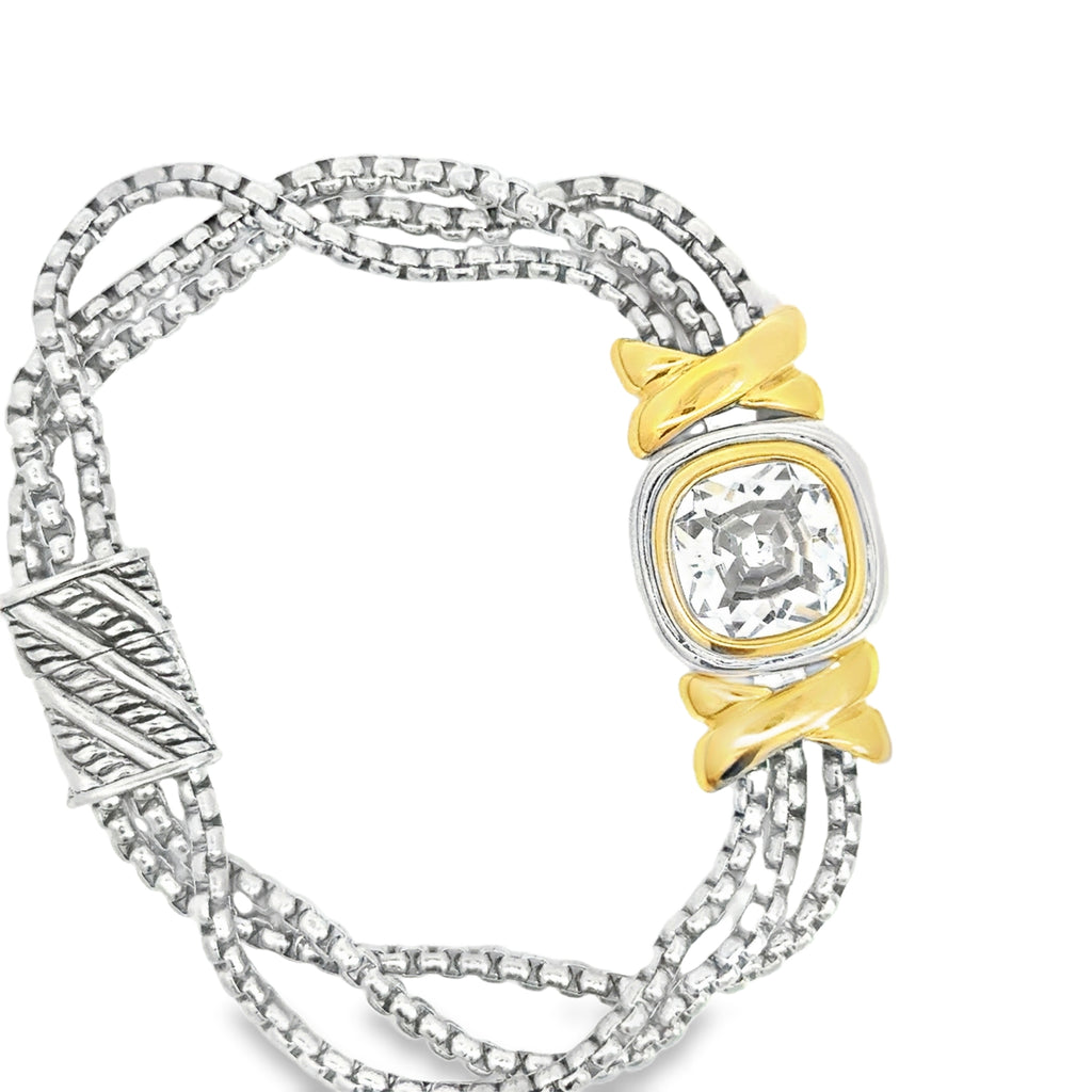 Cushion Cut Crystal Chain Bracelet in Silver and Yellow Gold