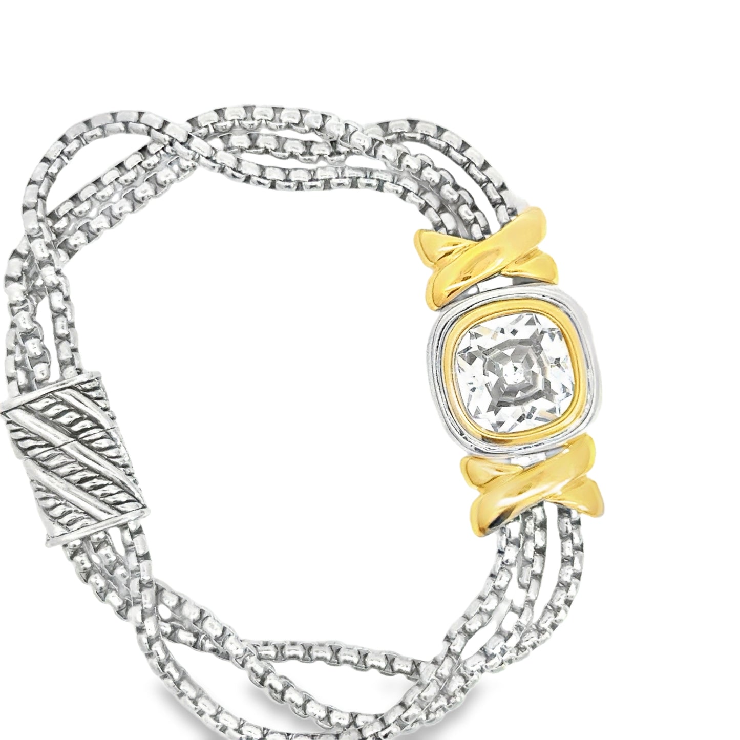 Cushion Cut Crystal Chain Bracelet in Silver and Yellow Gold
