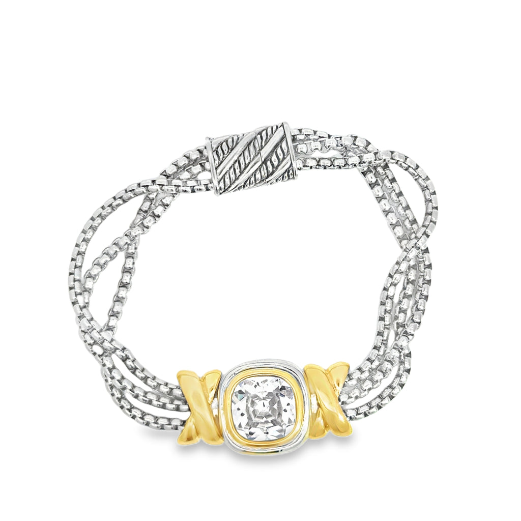 Cushion Cut Crystal Chain Bracelet in Silver and Yellow Gold