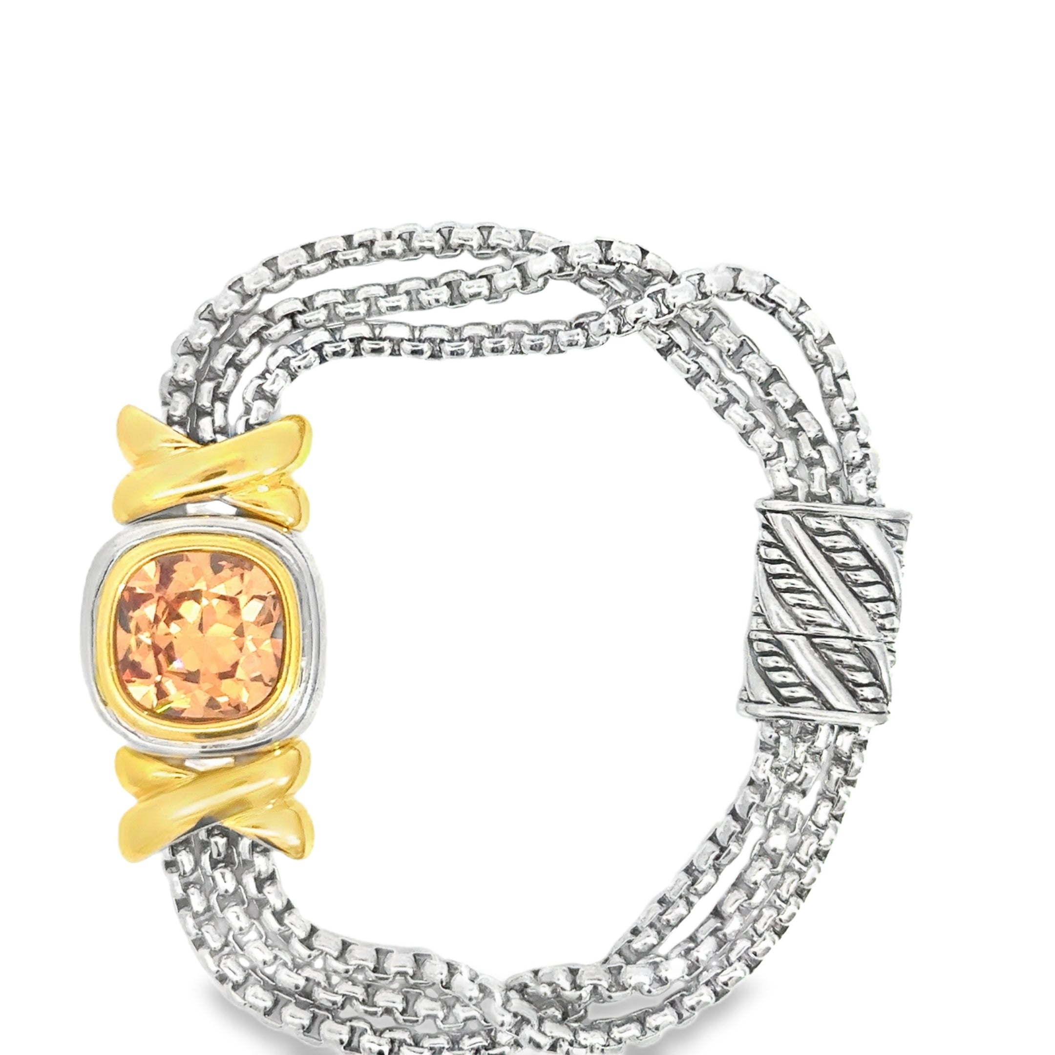 Silver Chain Bracelet with Orangy Red Cushion Cut Topaz and Yellow Gold Details
