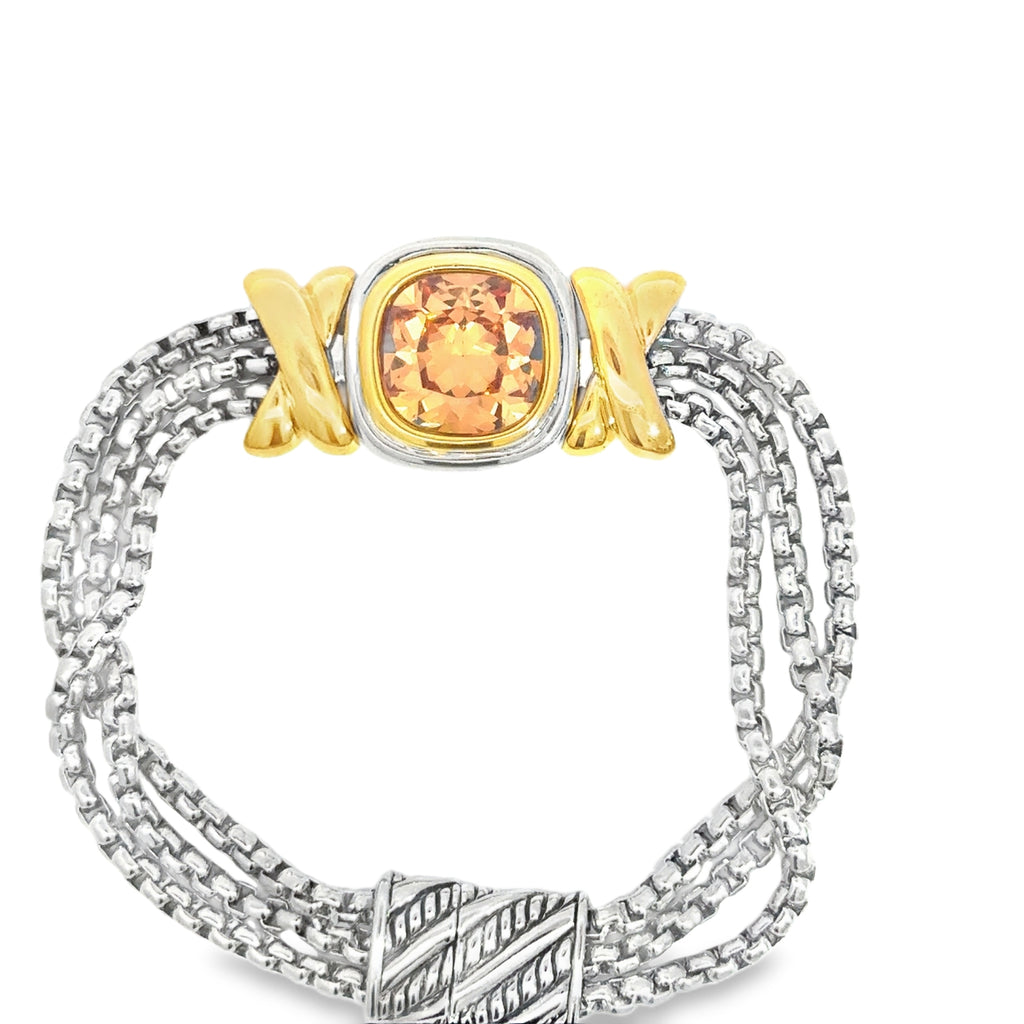 Silver Chain Bracelet with Orangy Red Cushion Cut Topaz and Yellow Gold Details