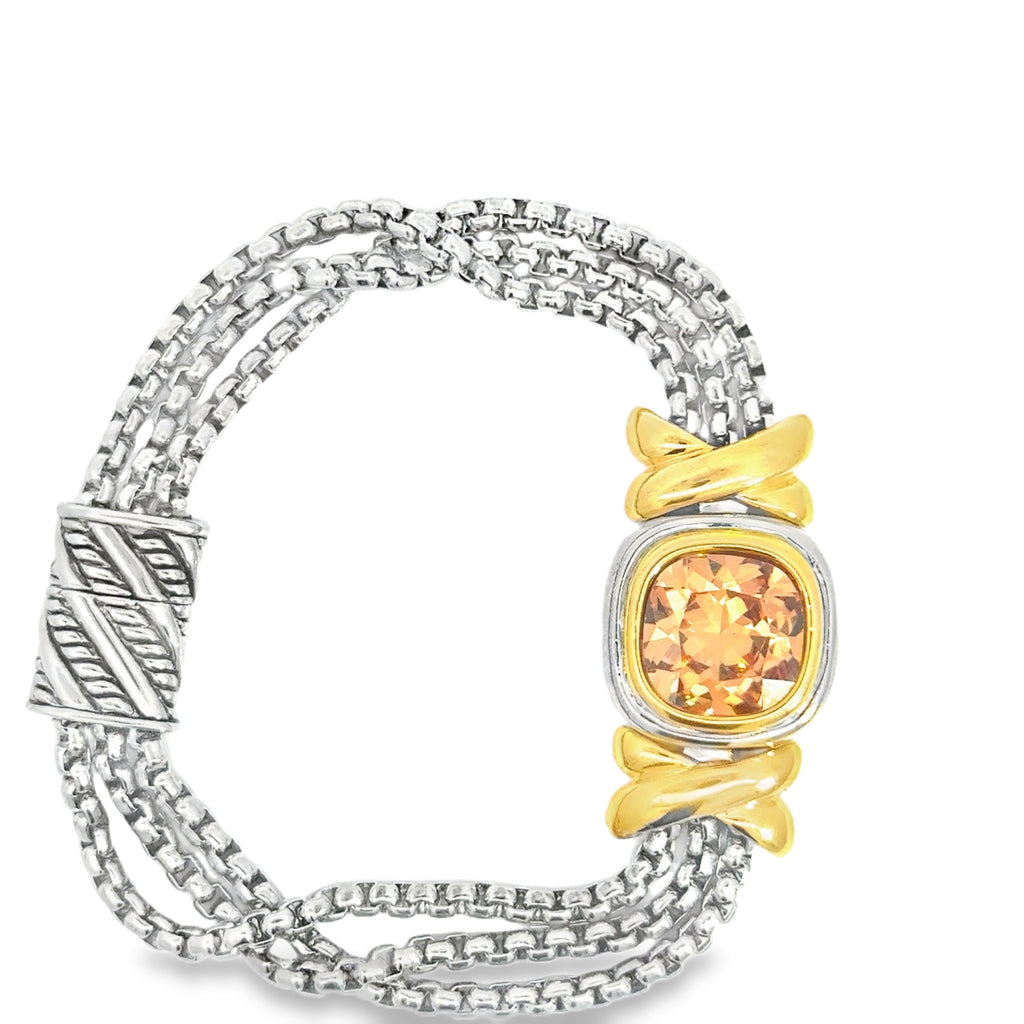 Silver Chain Bracelet with Orangy Red Cushion Cut Topaz and Yellow Gold Details
