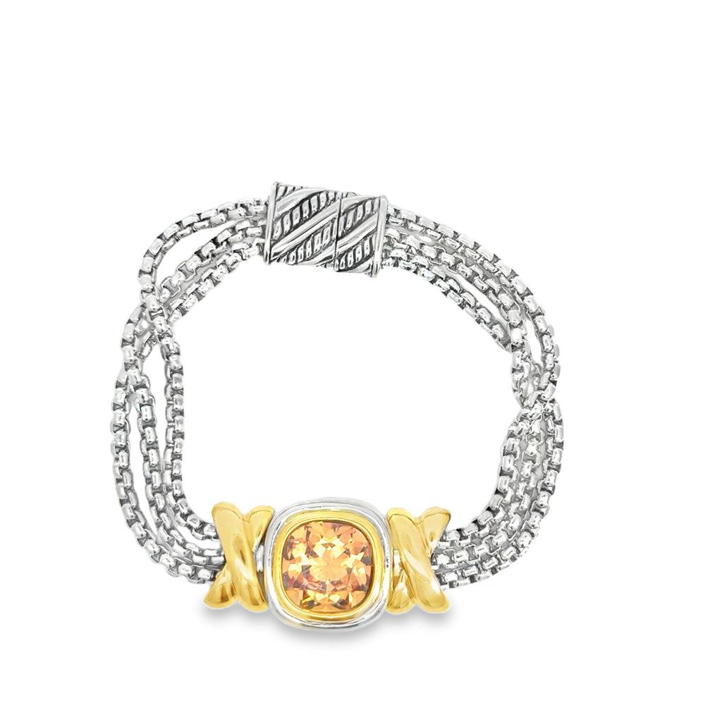 Silver Chain Bracelet with Orangy Red Cushion Cut Topaz and Yellow Gold Details