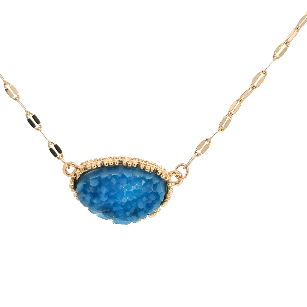 Gold Chain Necklace with Oval Blue Crystal Cabochon Pendant