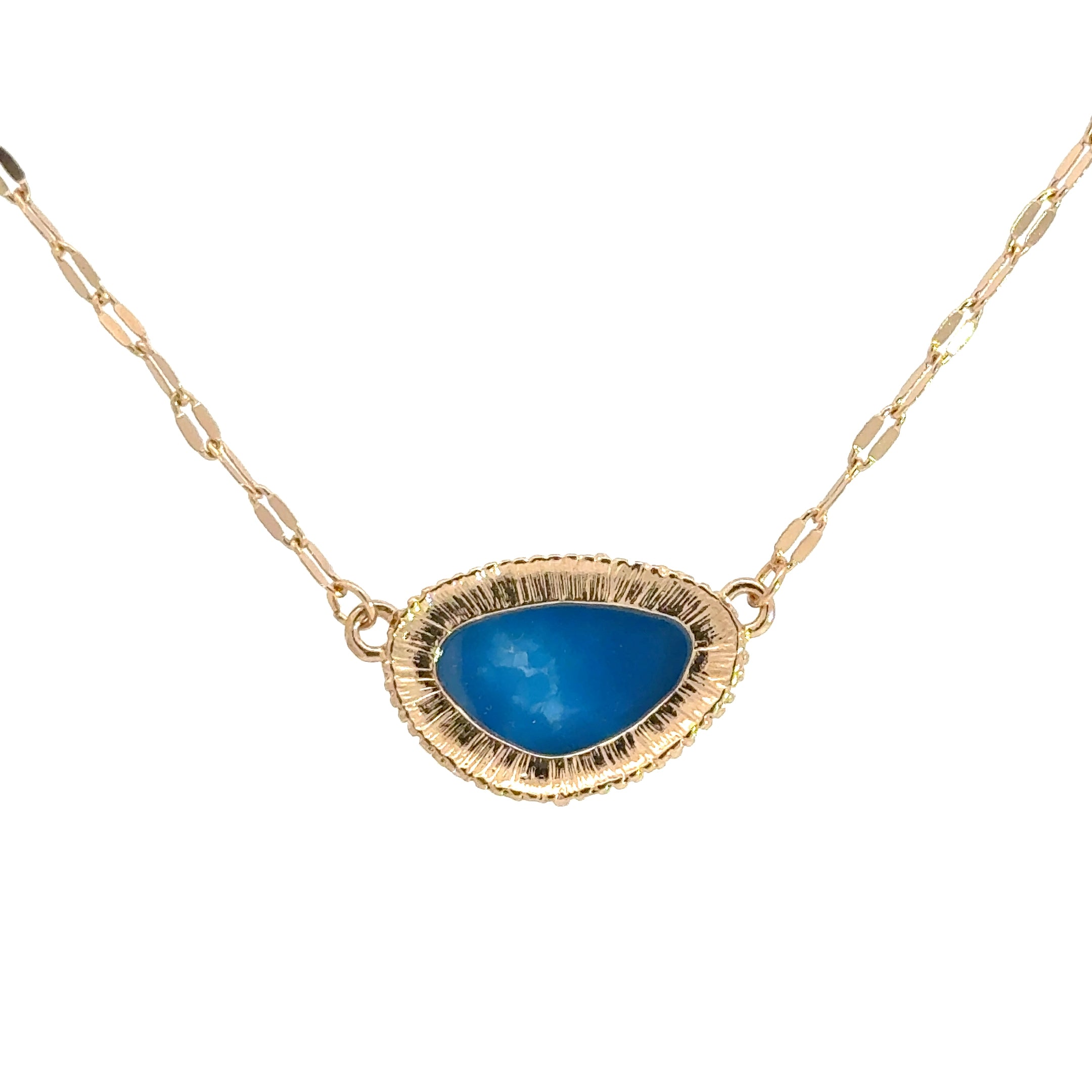 Gold Chain Necklace with Oval Blue Crystal Cabochon Pendant
