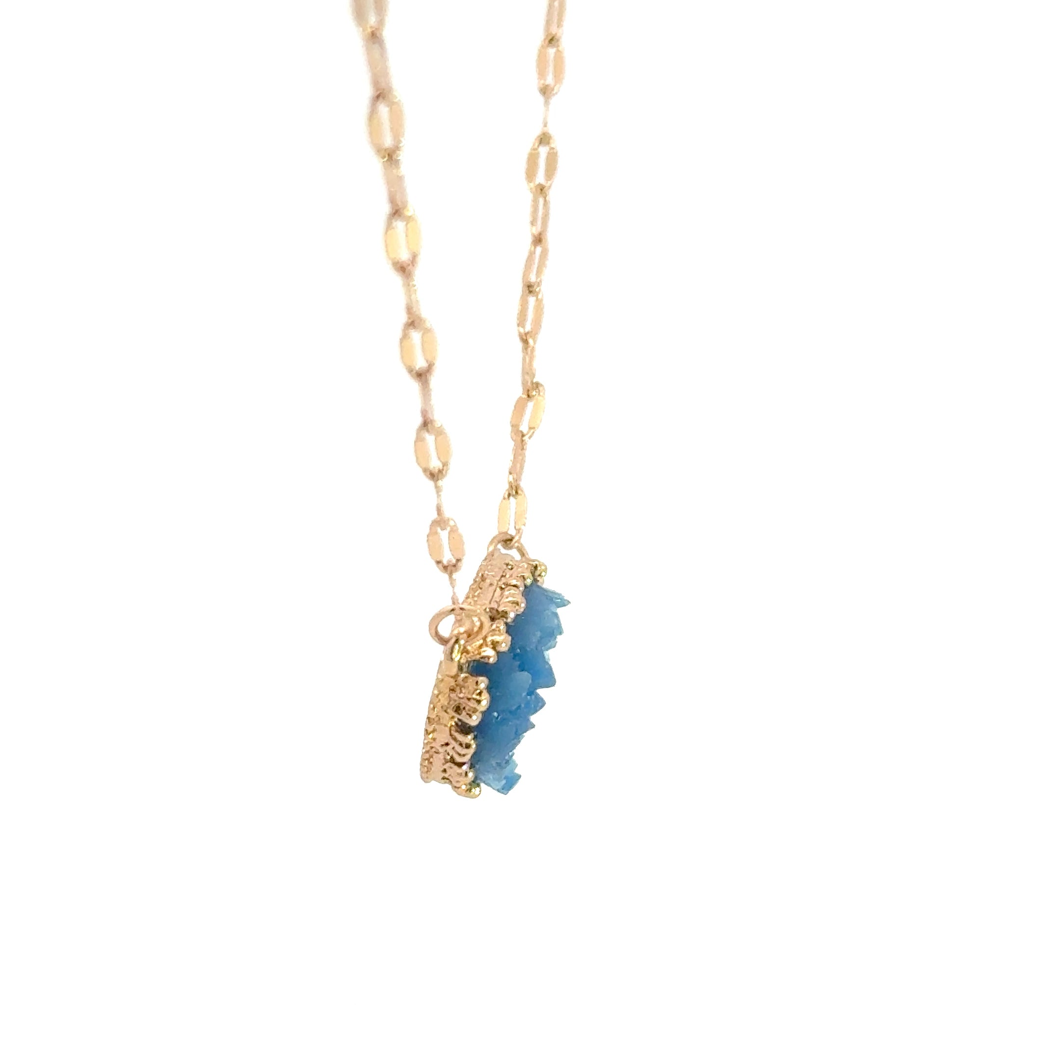 Gold Chain Necklace with Oval Blue Crystal Cabochon Pendant