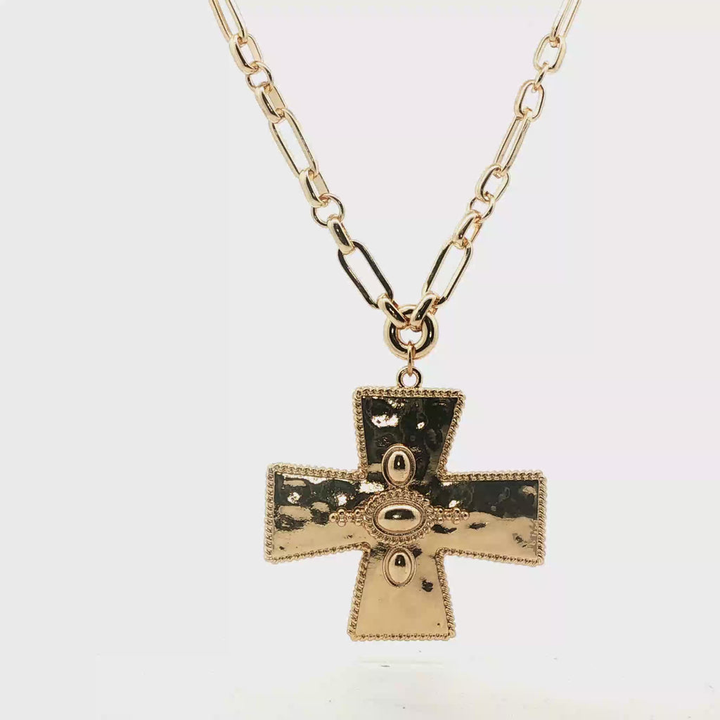 Yellow Gold Hammered Cross Pendant on Paperclip Chain
