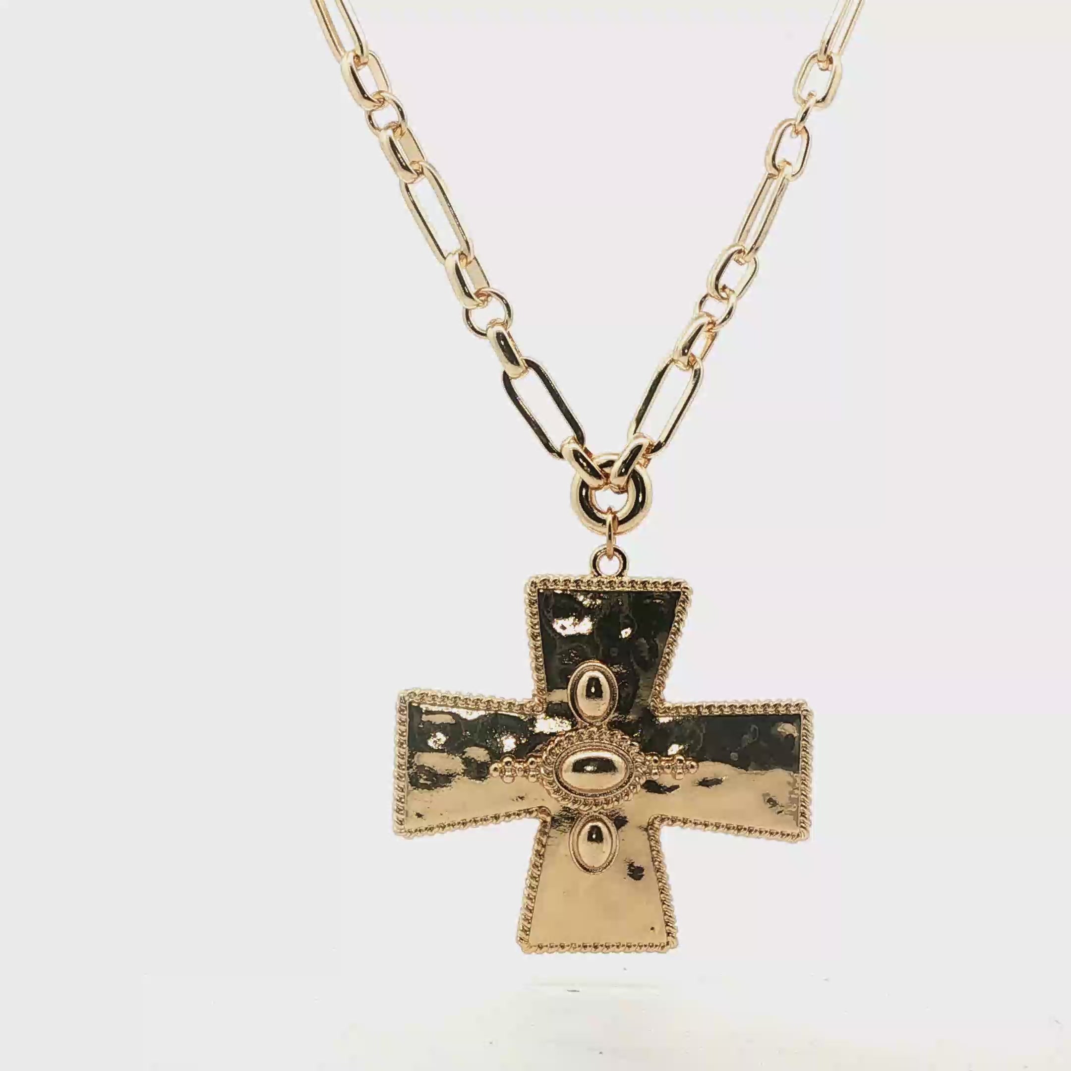 Yellow Gold Hammered Cross Pendant on Paperclip Chain