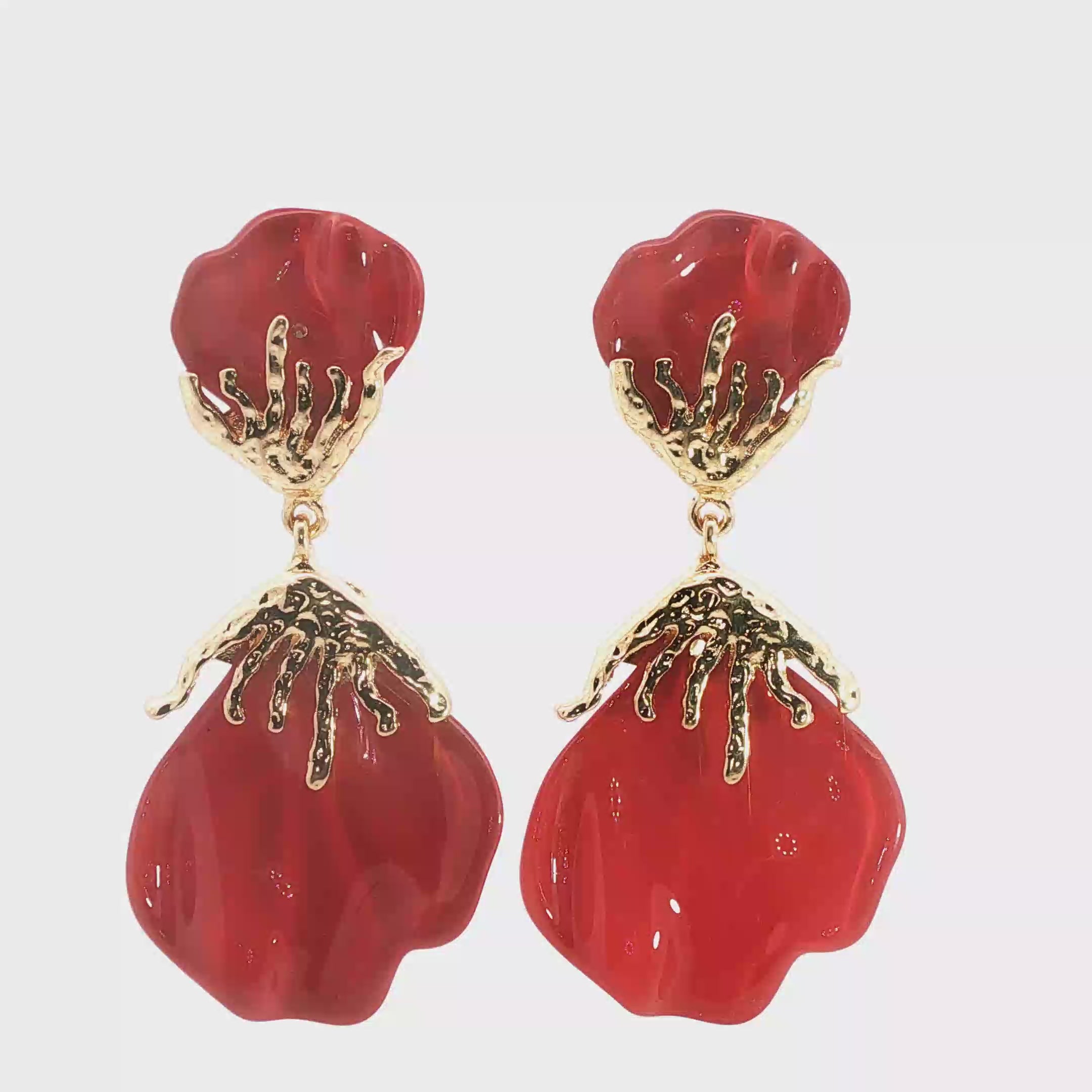 Organic Textured Yellow Gold and Red Ruby Drop Earrings