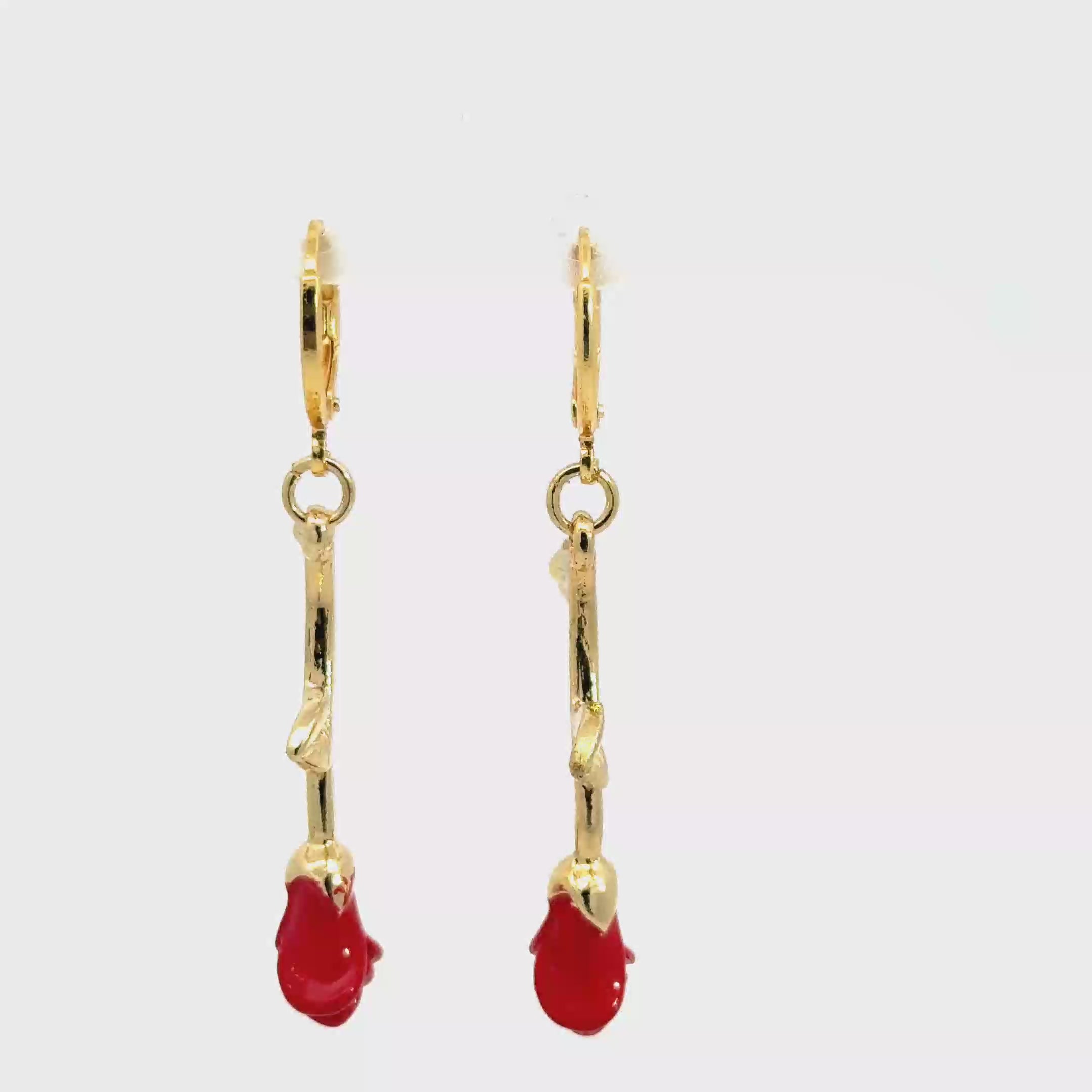 Yellow Gold Dangle Earrings with Red Coral roses