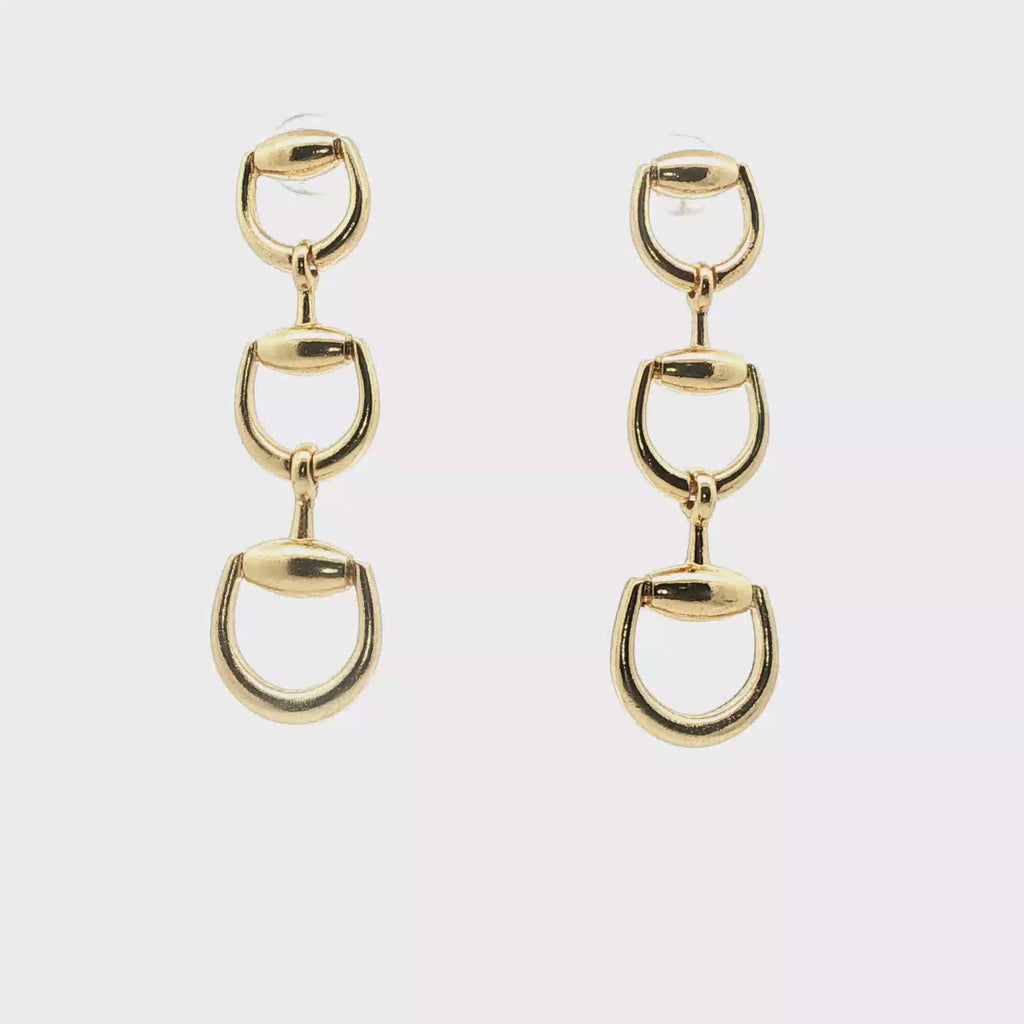 Yellow Gold Triple Horsebit Drop Earrings
