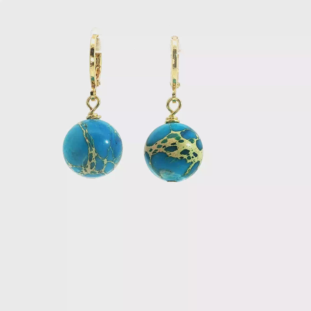 Turquoise Sphere Drop Earrings, 18kt Gold Plated