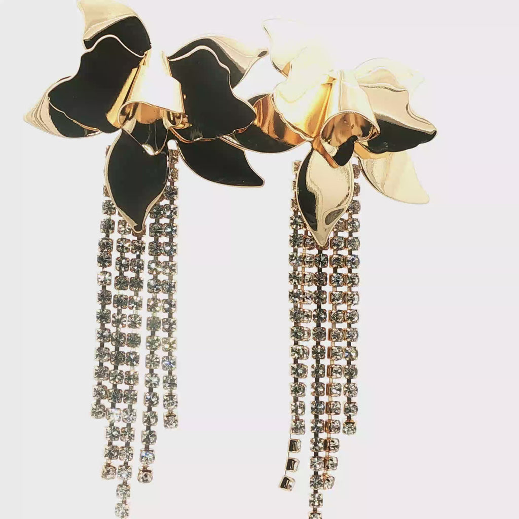 Yellow Gold Floral Crystal Fringe Dangle Earrings
